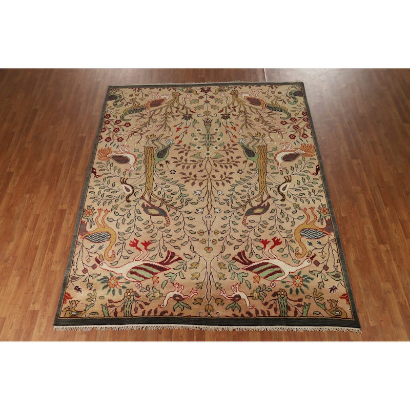 Hand Knotted Oriental 100% Wool Carpet Traditional All-Over Peach Ziegler Area Rug - 9' 10'' X 7' 11''