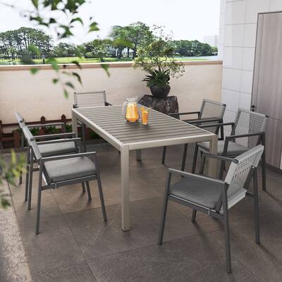 Modern 7-Piece Outdoor Dining Set 70.25" Rectangular Faux Wood Top Dining Table with 6 Rope-Woven Chairs for Patio, Backyard