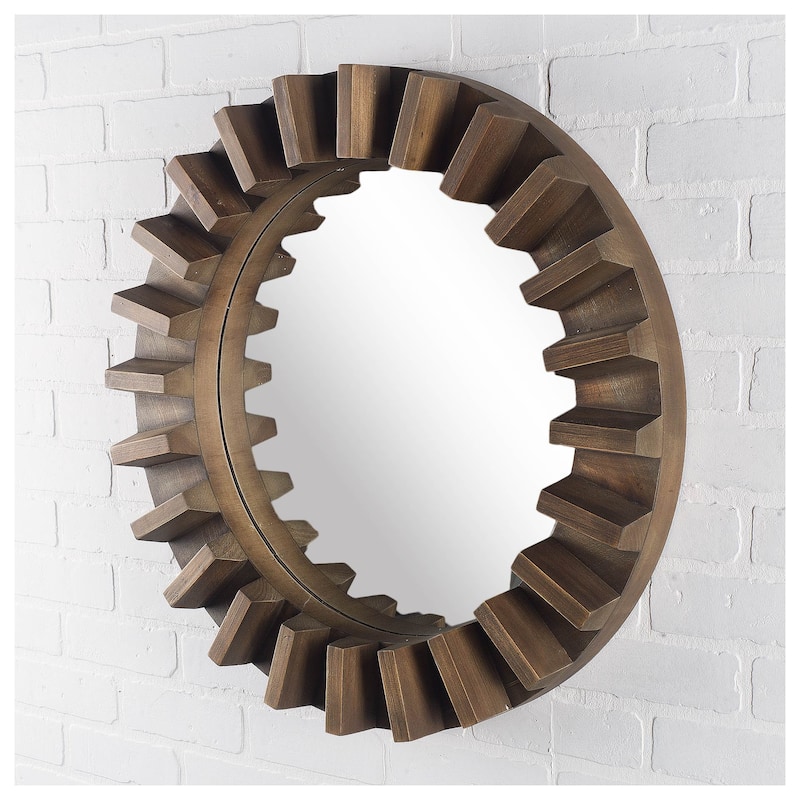 Sprocket Dark Brown Solid Wood Cog Frame Round Mirror - 26" x 26"