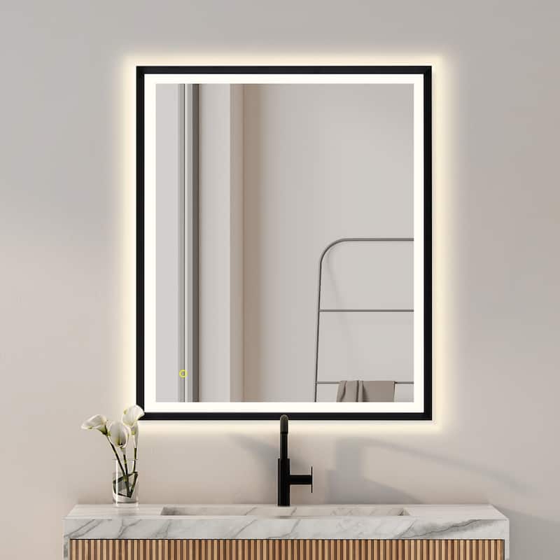 Apollo Rectangular Anti-Fog Dimmable Modern Bathroom/Vanity LED Lighted Wall Mirror in Matte Black Aluminum Framed
