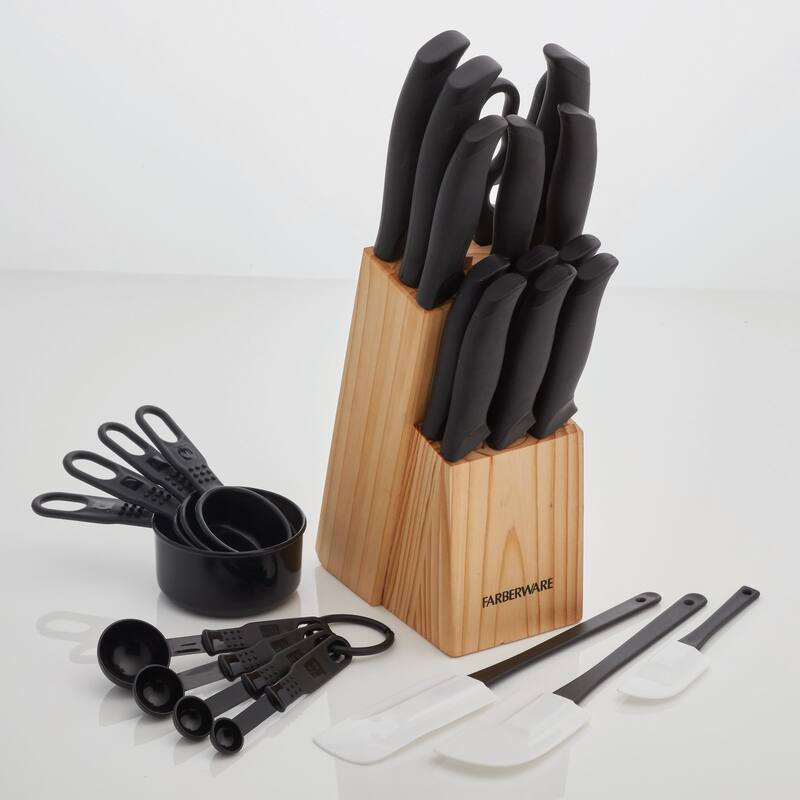Farberware 25 Piece Knife Set and Kitchen Tools with Block, Black