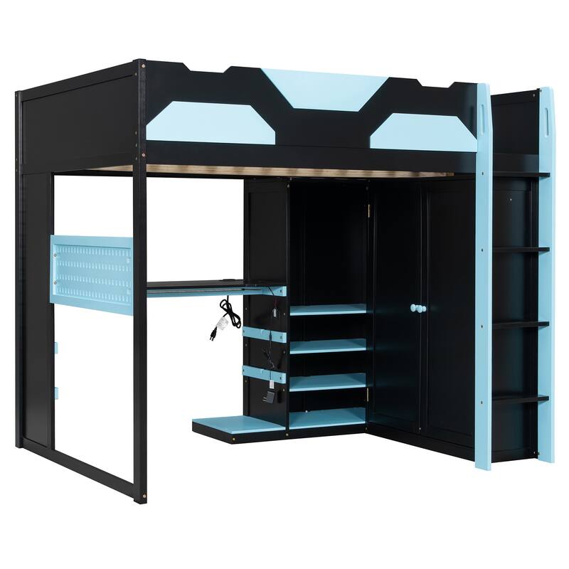 All-in-one Esports Gaming & Work Loft Bed with Adjustable Desk, LED, Charging Station, Pegboard, Storage Shelves and Wardrobe