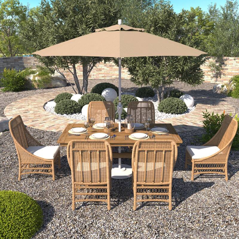 California Umbrella 9' Round Crank Lift Push Button Tilt White Aluminum Patio Umbrella Sunbrella - Beige
