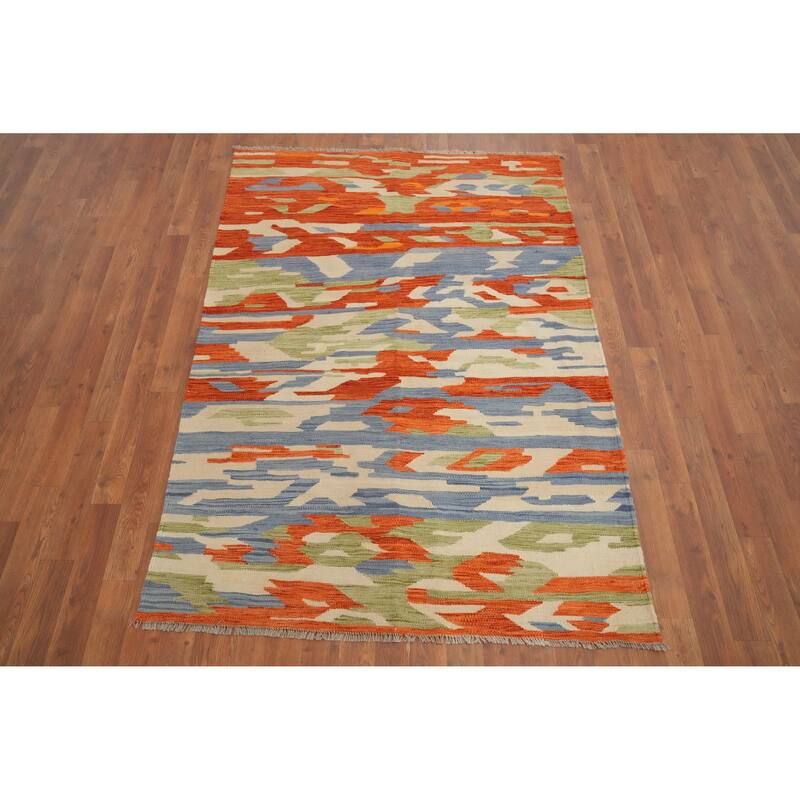 Hand Woven Oriental 100% Wool Carpet Southwestern Modern Multi-Colored Kilim Area Rug - 5' 10'' X 4' 0''