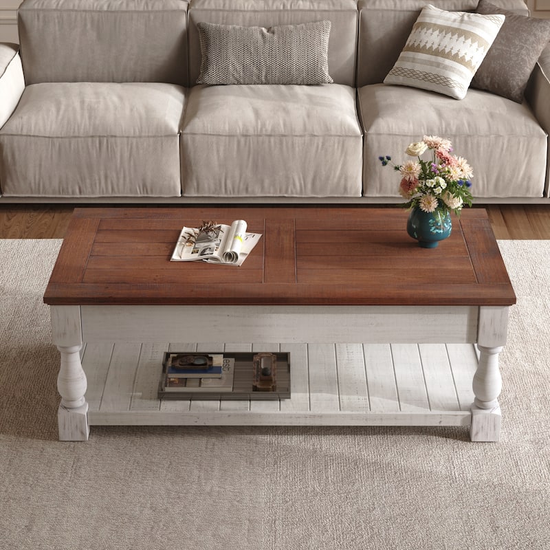 Farmhouse Lift Top Coffee Table with Fixed Shelf - 3 Hidden Storage Trays