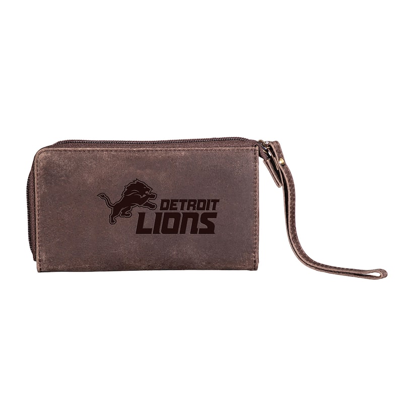 Brown Leather Cell Phone Wristlet Wallet, Detroit Lions - 4" x 7"