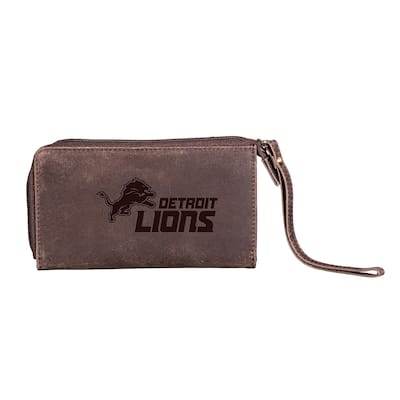 Brown Leather Cell Phone Wristlet Wallet, Detroit Lions - 4" x 7"