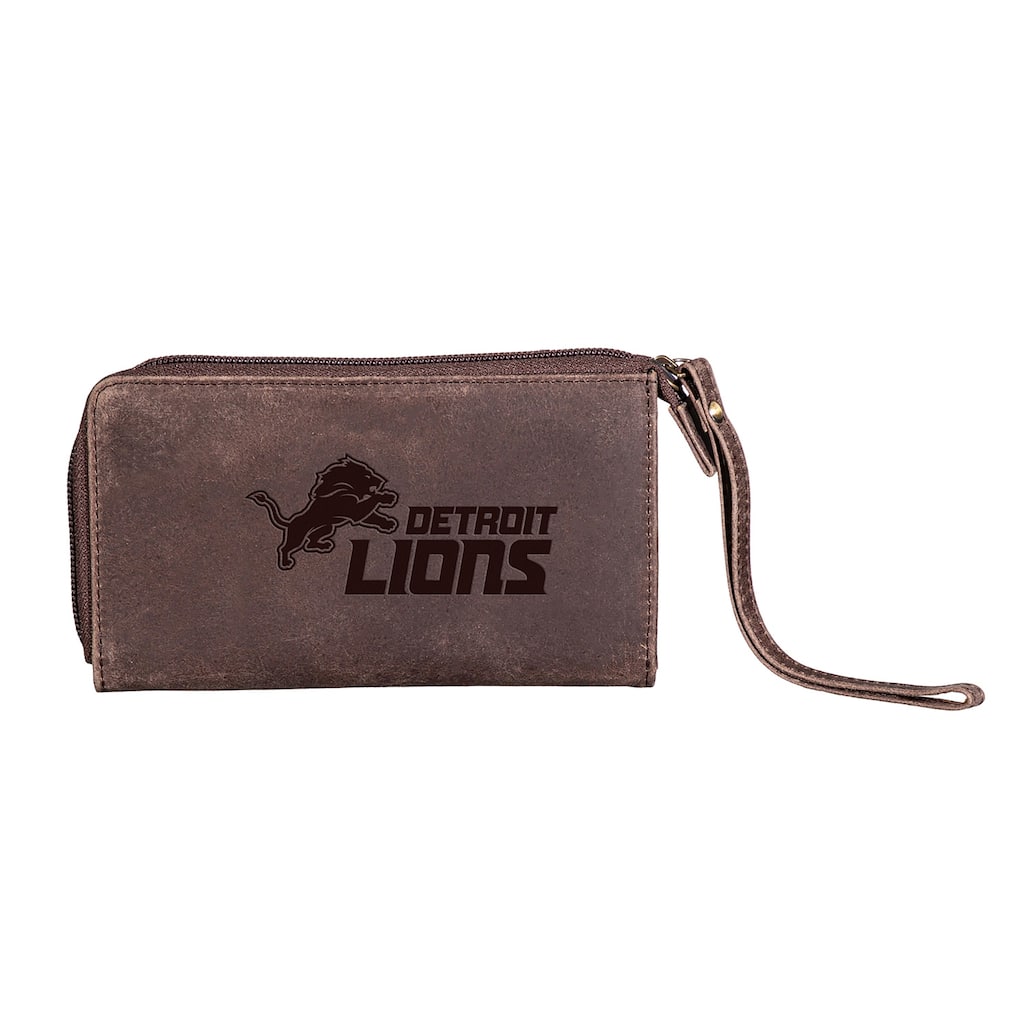 Brown Leather Cell Phone Wristlet Wallet, Detroit Lions - 4" x 7"