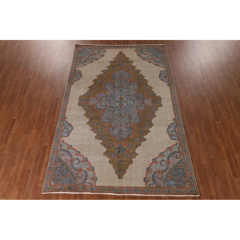 Distressed Tabriz Persian Antique Rug Hand-Knotted Wool Carpet - 7'1" x 10'11"