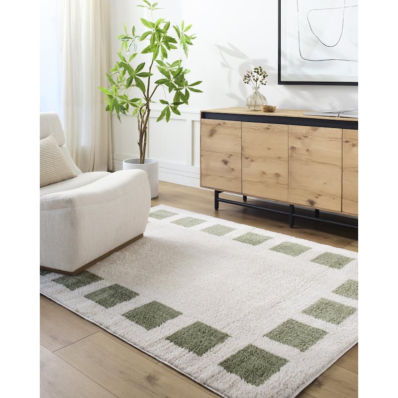 Livabliss Fossay Shag Modern & Contemporary Checkered Washable Area Rug - Light Beige/ Grass Green - 2' 7" x 7' 3"