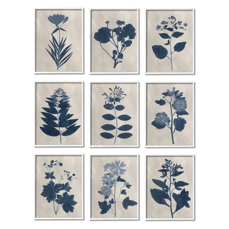 Stupell Beautiful Botanical Silhouette Floral Plants Design Framed 9 piece Wall Art - Blue - White