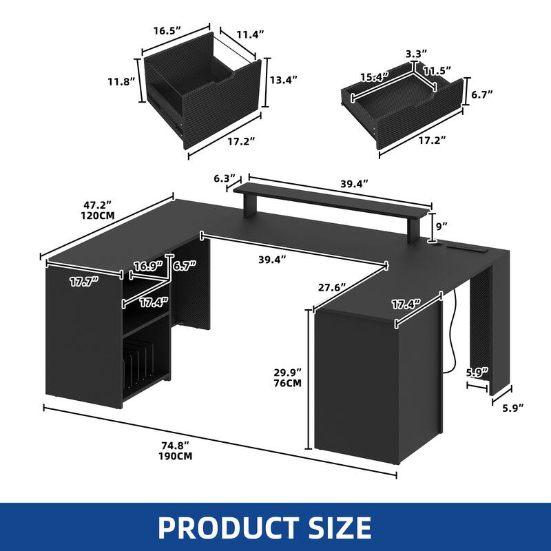 Moasis Farmhouse U-Shaped Desk with LED Lights & Power Outlet