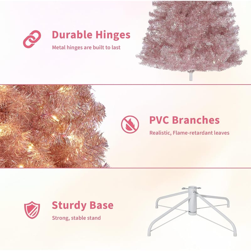 Prelit 4.5Ft Rose Gold Tinsel Fake Christmas Tree with 150 Warm White LED Lights, Metal Stand