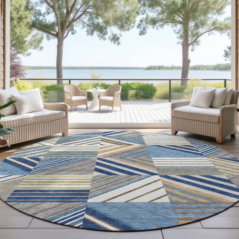 Machine Washable Indoor/ Outdoor Geo Mosaic Chantille Rug - Denim - 8' x 8'