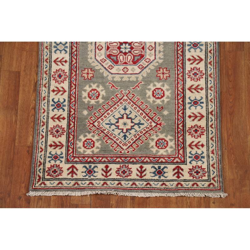 Geometric Kazak Runner Rug Handmade Oriental Grey Wool Carpet - 2'7" x 16'3"