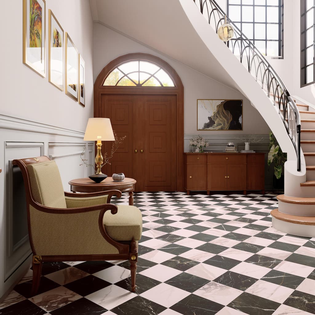 Merola Tile Reve Checker Noir with Rose 11-3/4" x 11-3/4" Porcelain Floor and Wall Tile