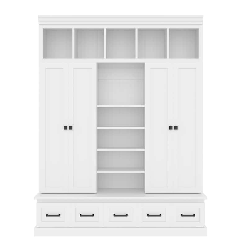 Large Wood Hall Tree with Bench, Modern 4 Door Entrance Storage Cabinet w/ 5 Drawers, Adjustable Shelves for Living Room