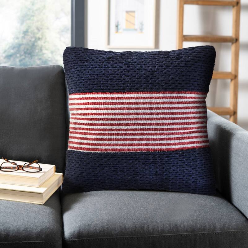 HomeRoots 20" X 20" Blue And Red 100% Cotton Striped Zippered Pillow