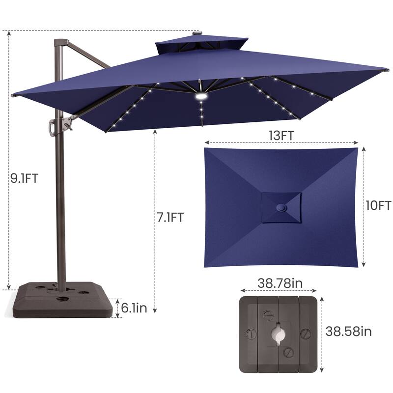 10 FT x 13 FT Outdoor LED Lighted Patio Cantilever Umbrella with Base