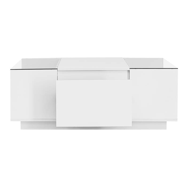 LED Coffee Table with 2 Drawers, Rectangle High Gloss Center Table, Modern Glass Tabletop Storage Table for Living Room