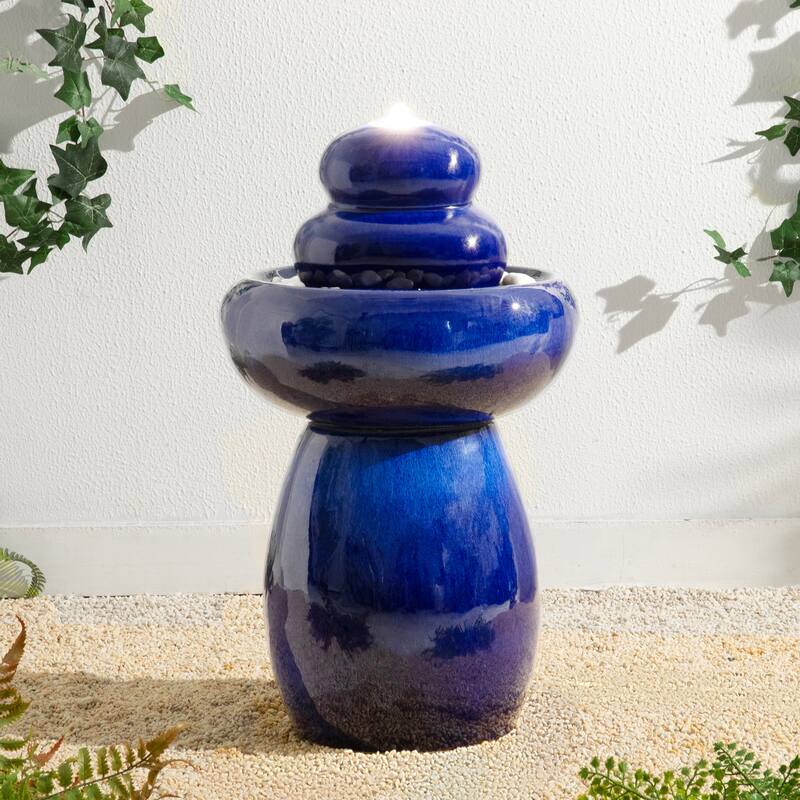 Glitzhome 22"H Zen-Style Cobalt Blue Pebbles Outdoor Ceramic Fountain with Pump and LED Light