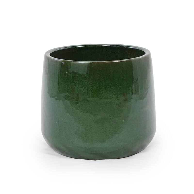 Antique Green Ceramic Planter Set of 4 - 13.8" Square Modern Plant Pots with Drainage & Stripes