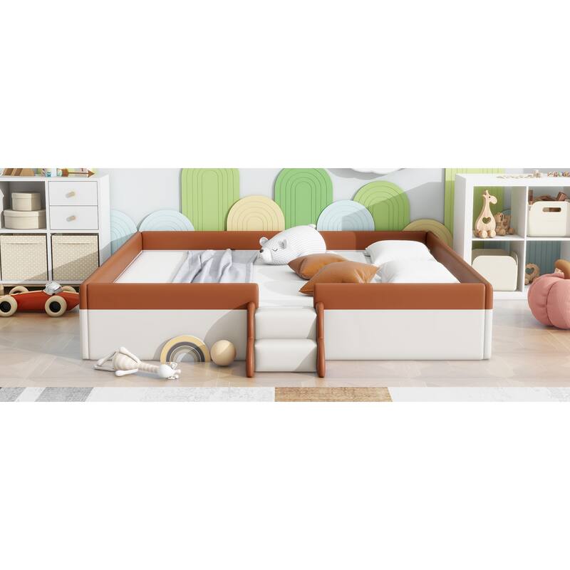 Roomfitters Twin/Full/Queen/King Size Upholstered Daybed Frame with Safety Fence and Stairs, PU Fabric Platform Bed with Slats