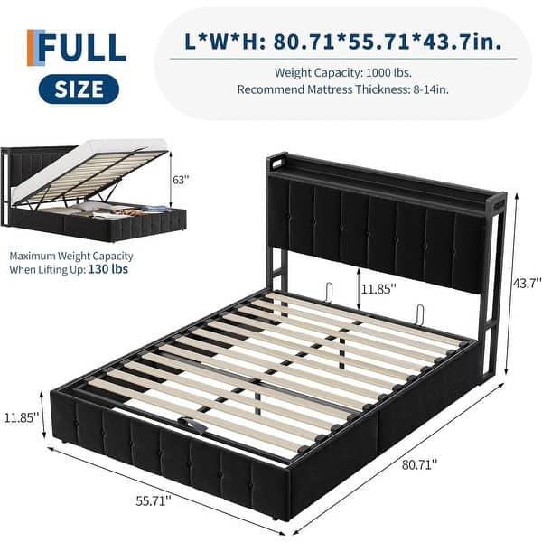dimension image slide 1 of 12, Bed Frame with Lift Up Storage, Upholstered Velvet Platform Bed with Storage Headboard