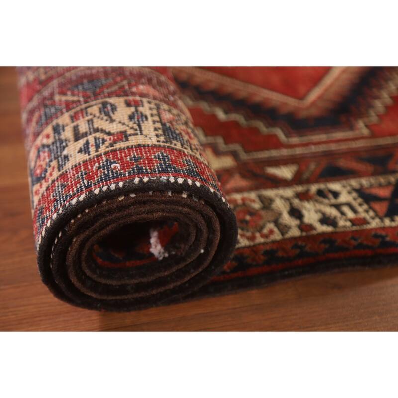 Geometric Red Ardebil Persian Vintage Runner Rug Handmade Wool Carpet - 3'6"x 10'7"