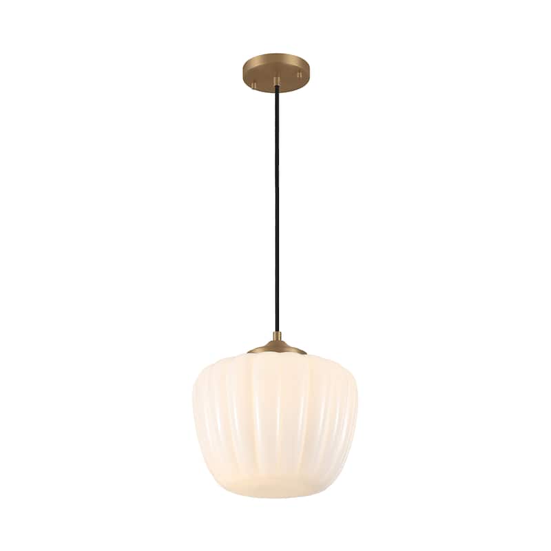 1-Light Matte Brass Pendant Lighting with Ribbed Glass Shade - Matte Brass