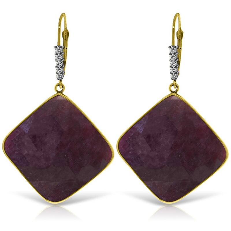 14K Solid Gold Diamonds Leverback Natural Ruby Gemstone Earrings - Yellow