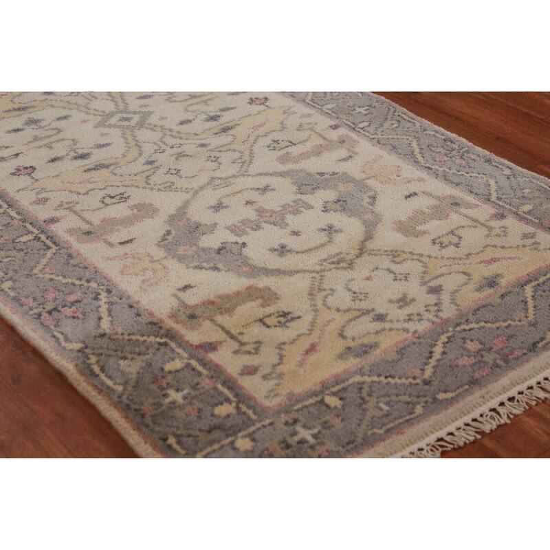 All-Over Beige Oushak Oriental Runner Rug Handmade Wool Carpet - 2'7" x 7'8"