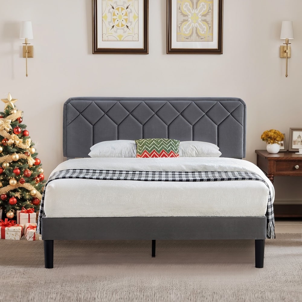 VECELO Adjustable Height Velvet Upholstered Bed Diamond Tufted Headboard with 7.8" Underbed Storage No Box Spring Needed