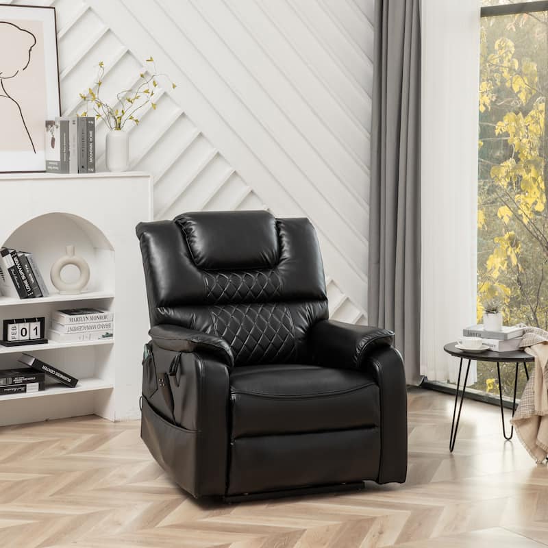 Black Oversized PU Leather Power Lift Recliner with Massage, Lumbar Heating, Side Pockets, 180° Flat Lay