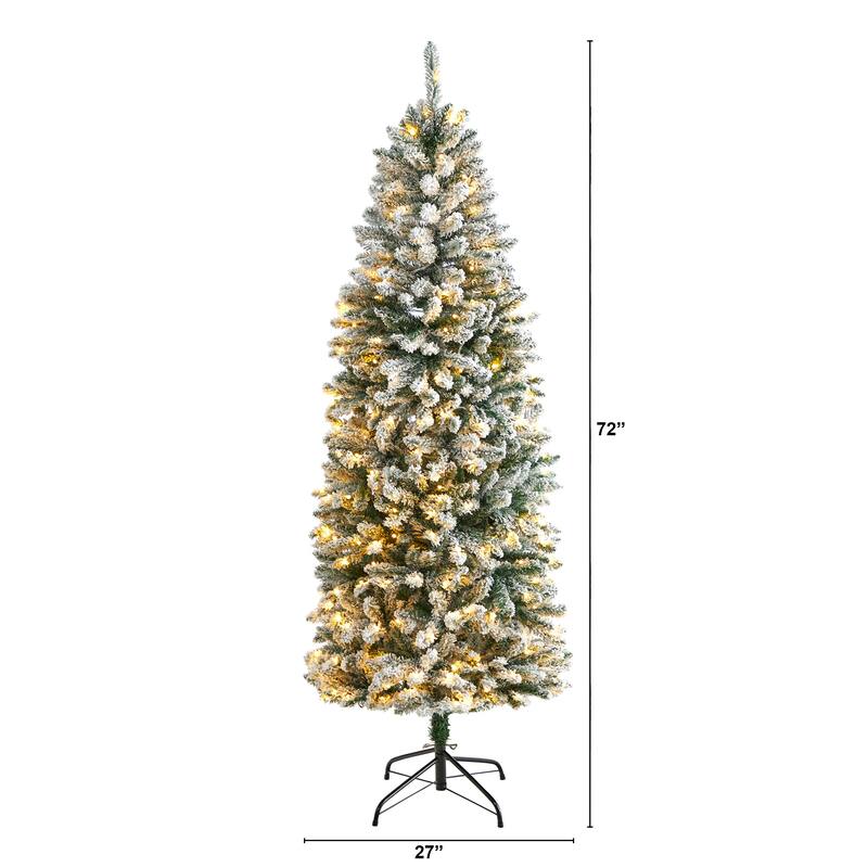 6' Slim Flocked Montreal Fir Artificial Christmas Tree with 250 Warm White LED Lights and 743 Bendable Branches