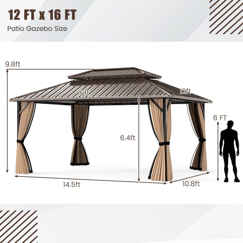Costway 16 x 12 FT Hardtop Gazebo with Netting Heavy-Duty Double-Roof - Coffee - See Details