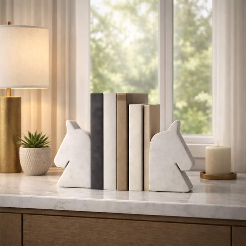 Modern Marble Horse Head Book Ends - Set of 2, 6", White - 6.0"