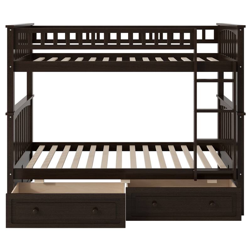 Wooden Storage Bunk Bed Frame with Fence-shaped Guardrails and Pull-out Drawers, Convertible 2 Platform Beds, Detachable Design
