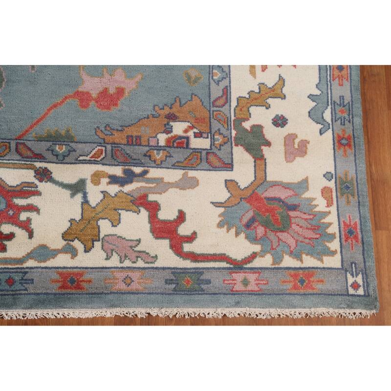 Floral Blue Oushak Oriental Area Rug Hand-Knotted Wool Carpet - 9'3" x 12'0"
