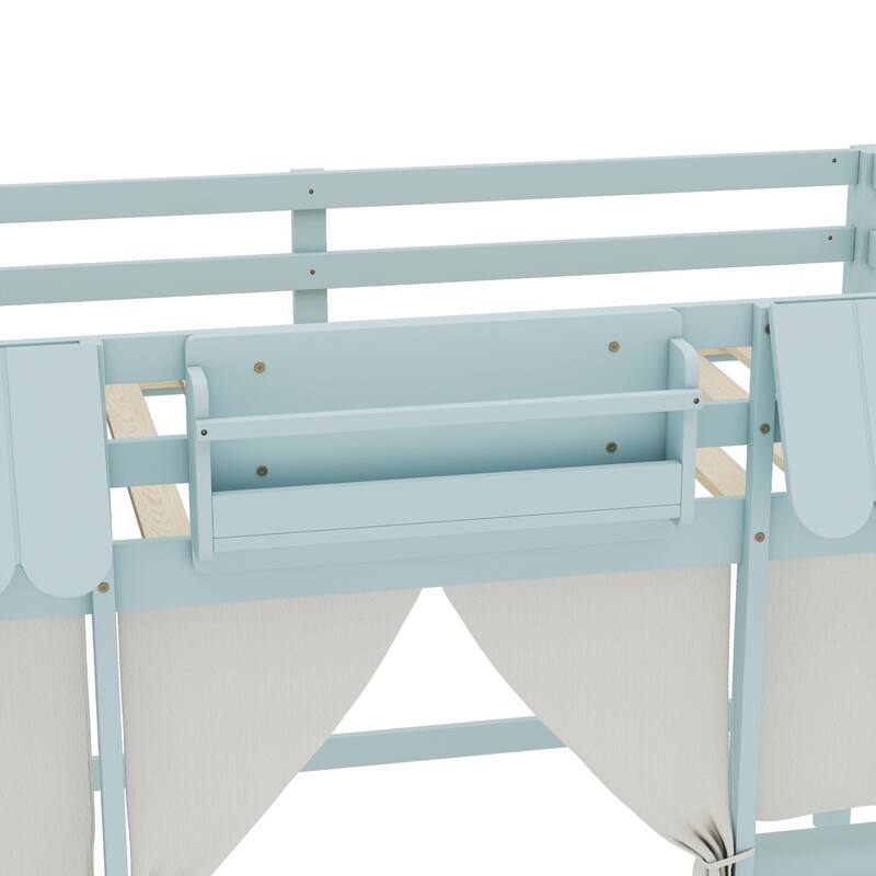 Twin Loft Bed with Built-in Bookshelf, Curtain, and Storage Shelf Amusement Park-Inspired Playful, Blue