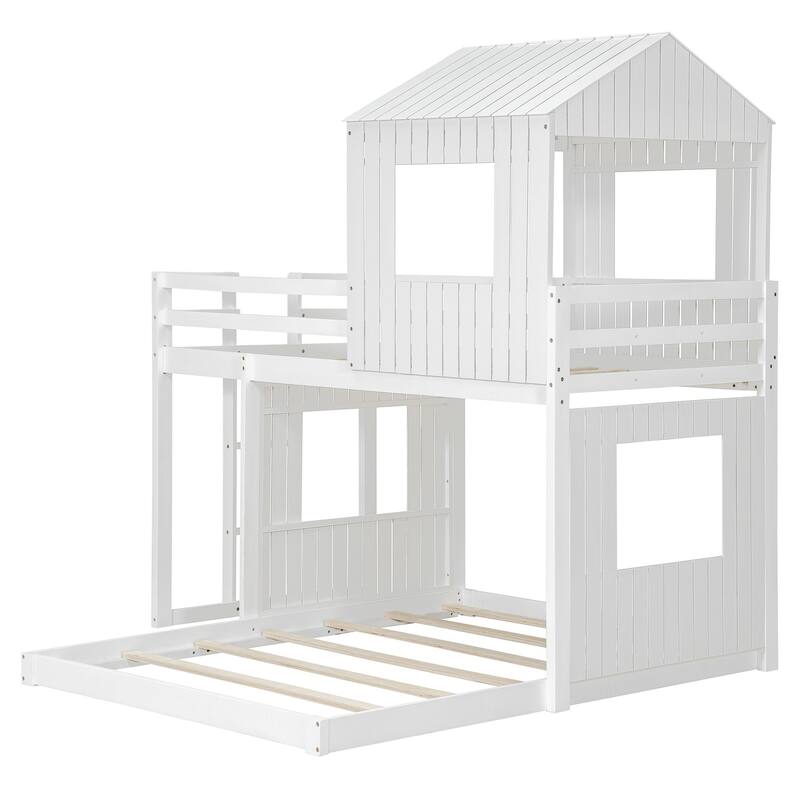 Wooden Twin Over Full Bunk Bed with Playhouse Design, Loft Bed with Ladder and Guardrails, Farmhouse Style