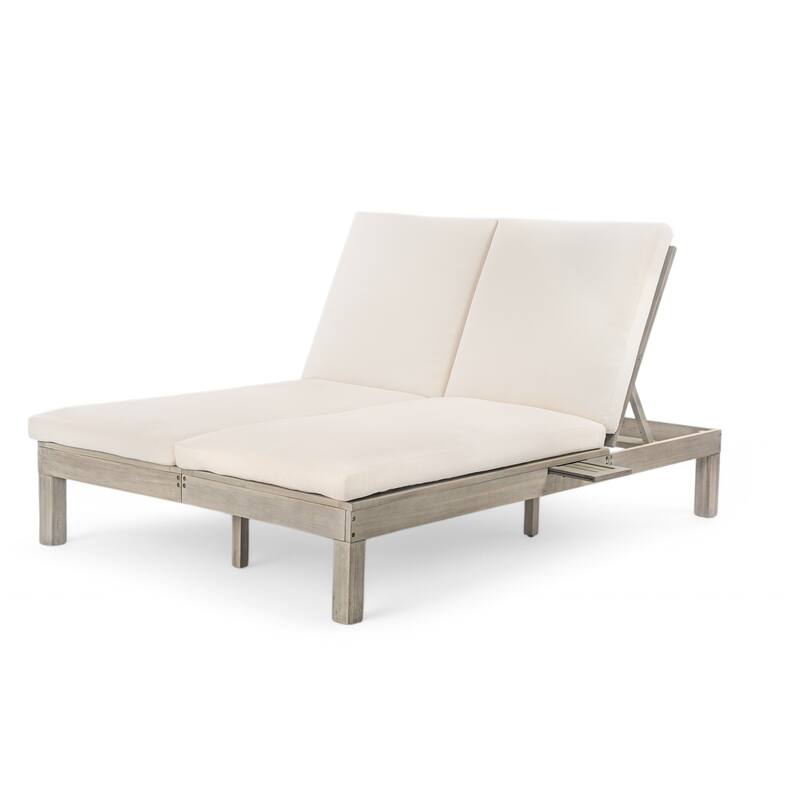 Outdoor Patio Acacia Wood Double Daybed Sunbed with Adjustable Backrest and Folding Side Trays