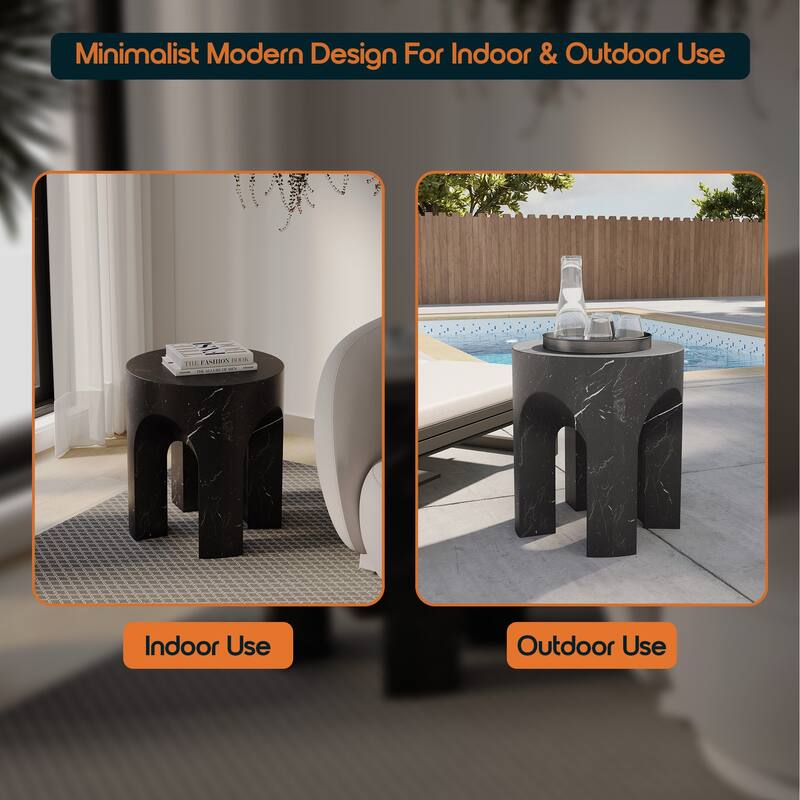 Crus Modern Fiberstone Side Table with Sculptural Arched Base Indoor Outdoor Accent Table Compact Round End Table