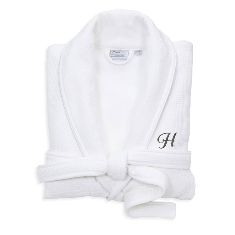 Authentic Hotel and Spa White Unisex Turkish Cotton Waffle Weave Terry Bath Robe with Grey Script Monogram - S/M - H