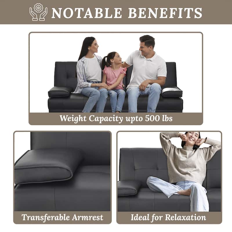 Convertible Futon Sofa Bed with Armrests & Cupholders - Faux Leather Reclining Couch for Small Spaces