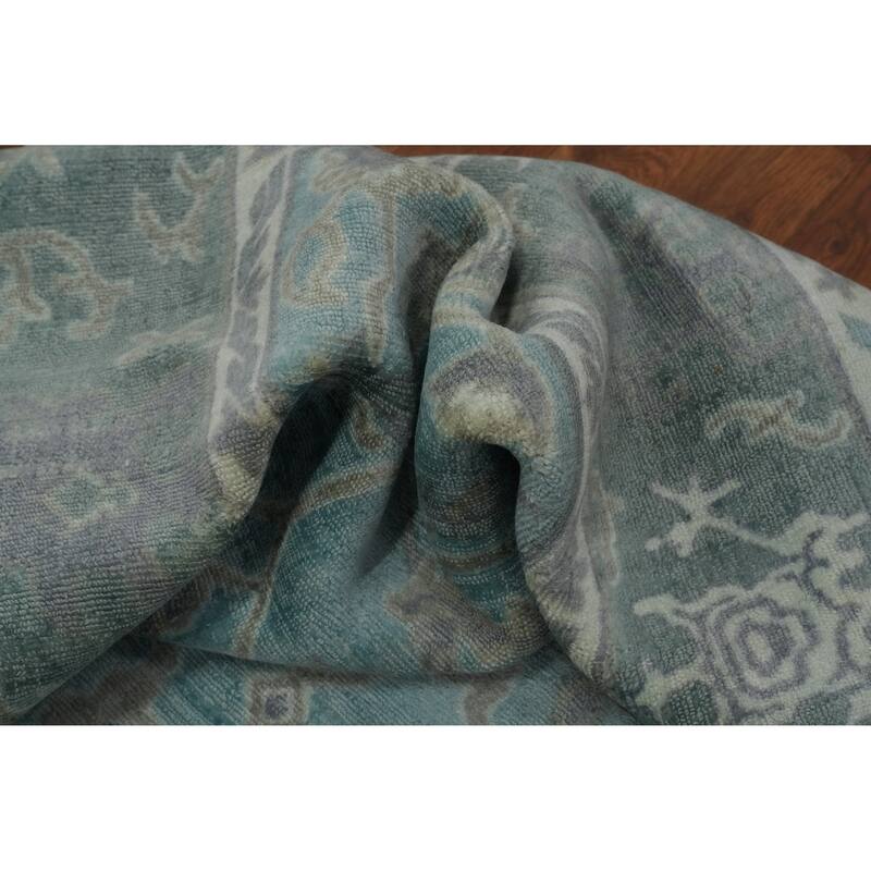 Hand-knotted Transitional Silk Carpet Blue Oushak Rug Floral Oriental Area Rug - 8' 0'' X 5' 0''