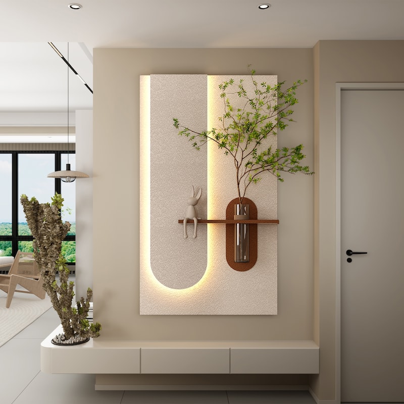 Adjustable 3-Color LED Sandstone Wall Decor with Simulated Plants -3D Art Sculpture,Glass Vase & Rabbit Statue,Remote Control
