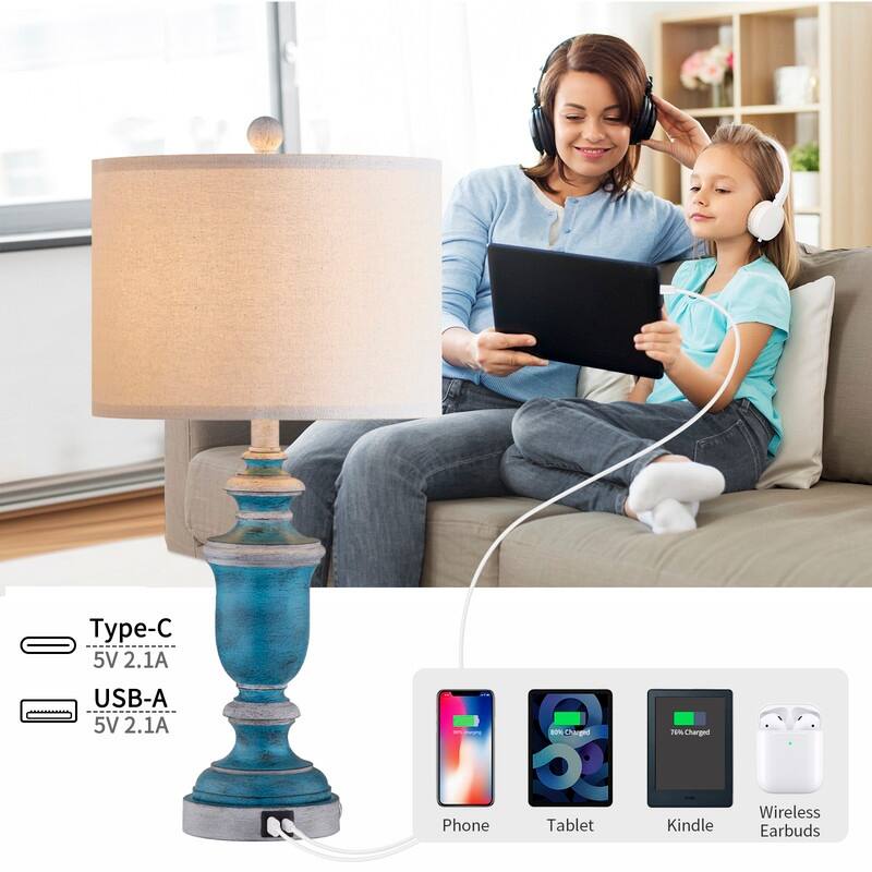 KAWOTI 24" Farmhouse Table Lamp Set with USB Ports(Set of 2) - W12" x H24.75"