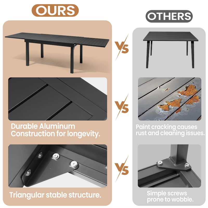 5/7/9/11-Piece Outdoor Patio Aluminum Expandable Rectangle Dining Table with Folding Chairs Set