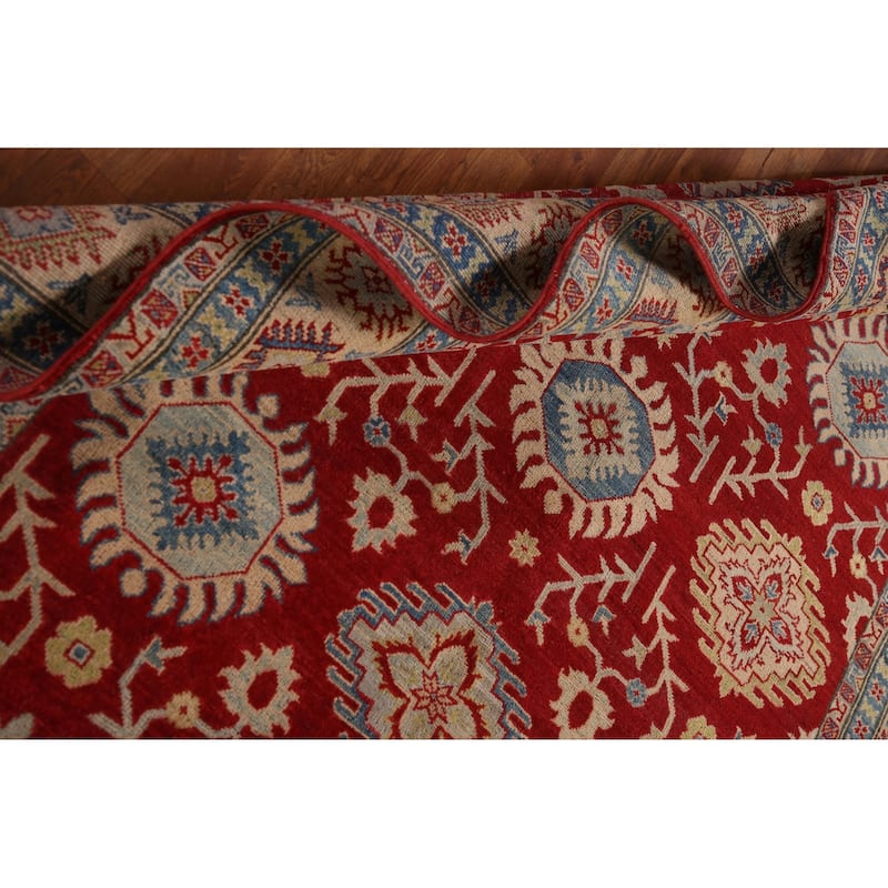 Red Geometric Kazak Area Rug Handmade Oriental Wool Carpet - 6'0" x 8'10"